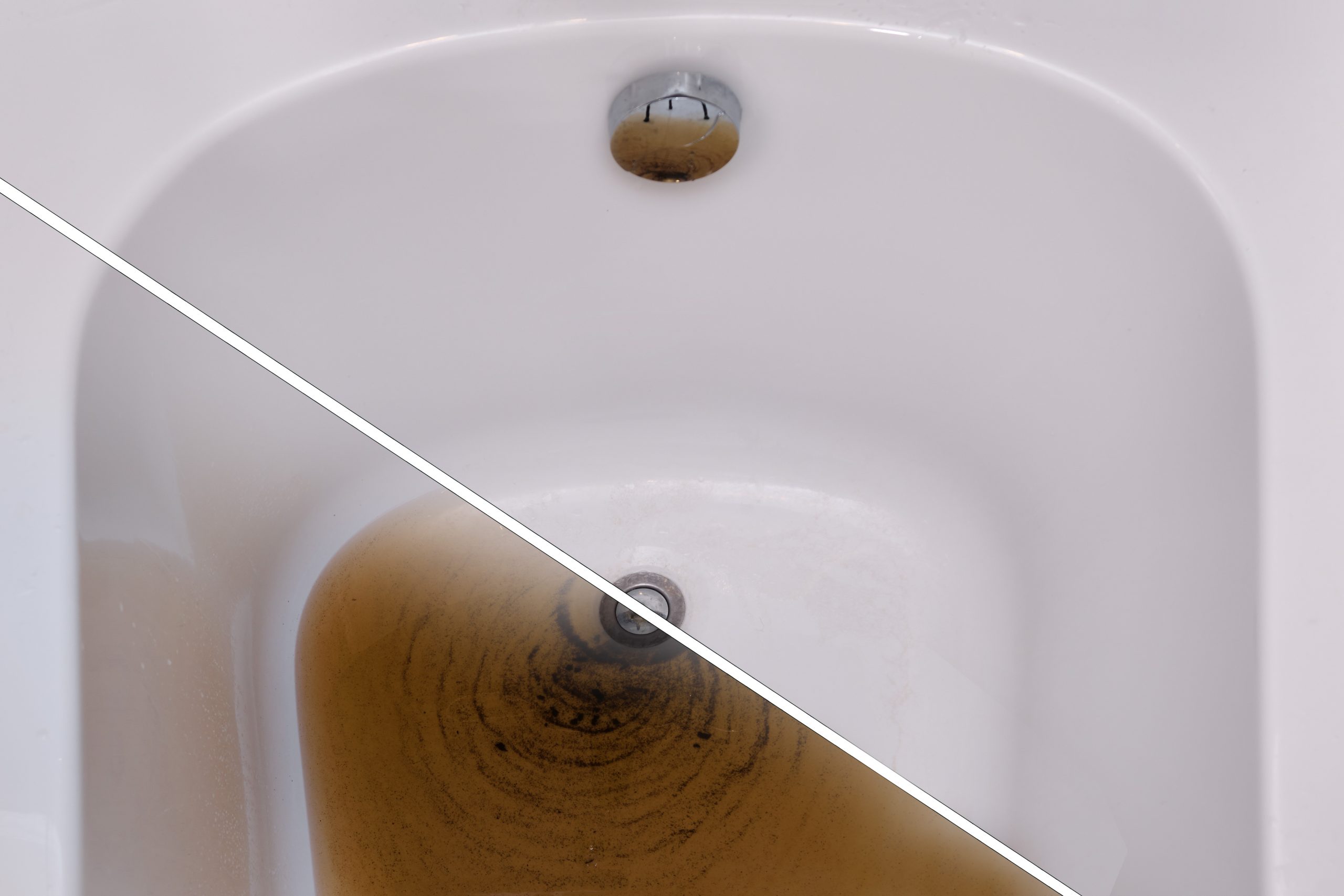 Before and after image of unclogging a bathroom drain, fixing a blockage problem that was causing dirt build up