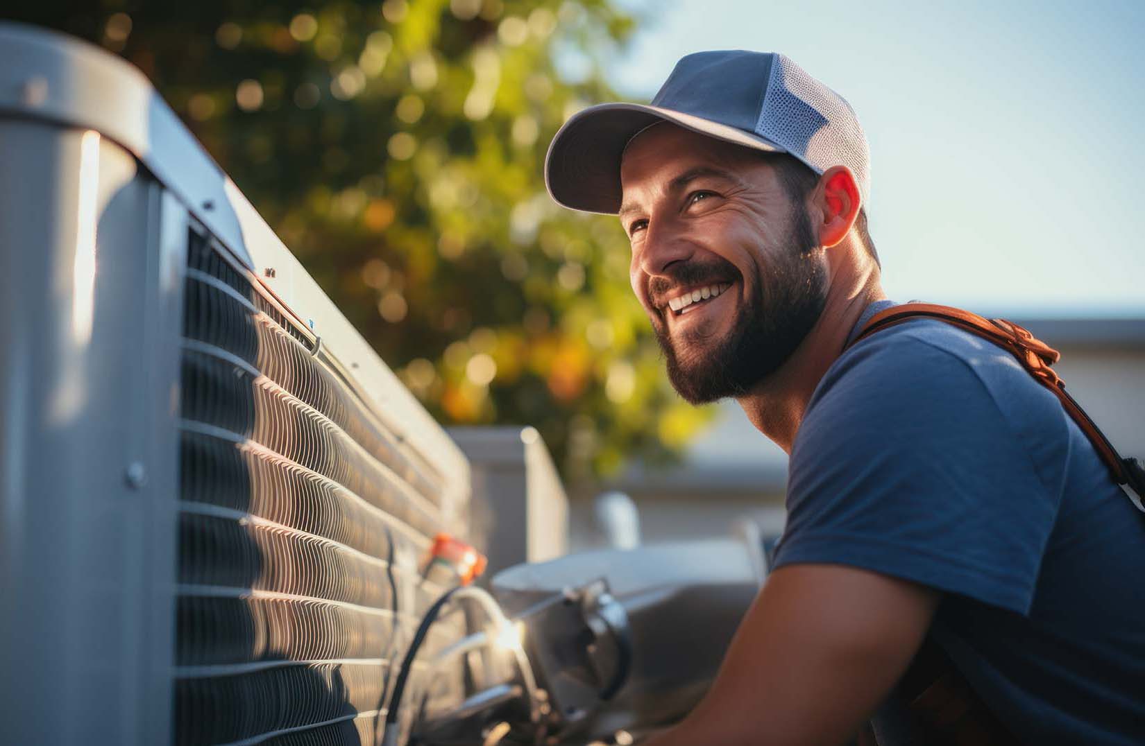 A male HVAC technician with a hat on smiling as he inspects an HVAC system outside