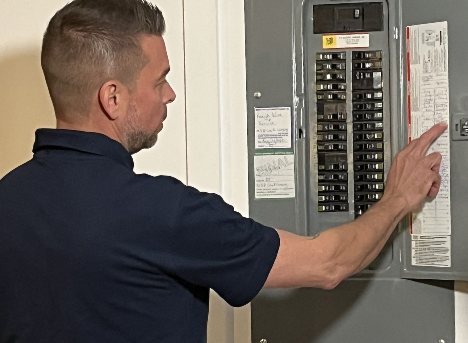 electrician looking inside a circuit breaker