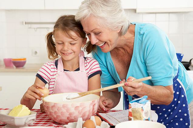 grandma and granddaughter baking together